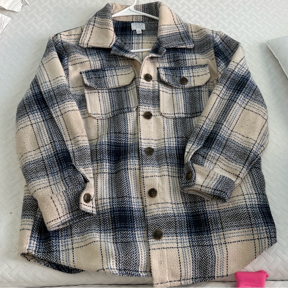 Time and Tru Cream and Navy Plaid Button-Down Shirt
